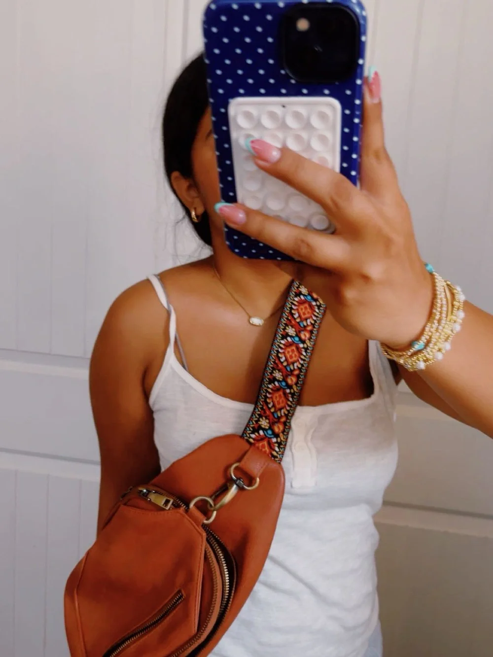 Women's Tan Leather Crossbody Sling Bag with Embroidered Strap